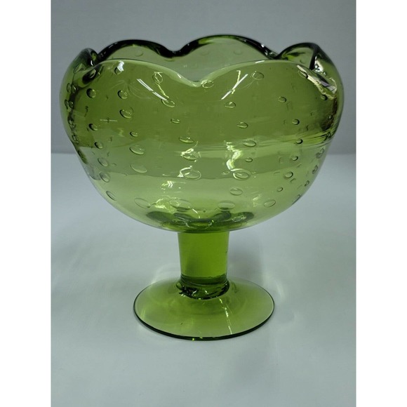 Vintage Bischoff Glass Hand Blown Green Compote Controlled Bubbles - Picture 1 of 11